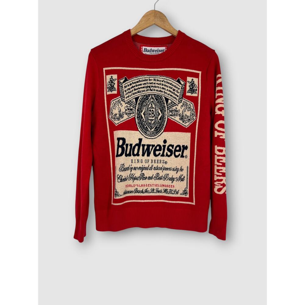 Budweiser King of Beers Red Intarsia Knit Crewneck Sweater Size SM